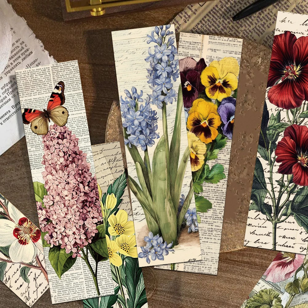 30pcs Vintage Floral Flower Bookmarks Student Reading Books Labeled School Stationary Supplies Aesthetic Bookmark Creative Gift