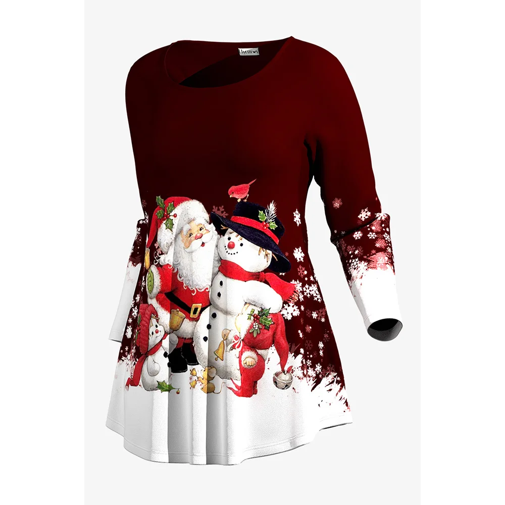 Plus Size Christmas Casual Burgundy Pleated Snowman Print Round-neck Long Sleeve T-Shirt