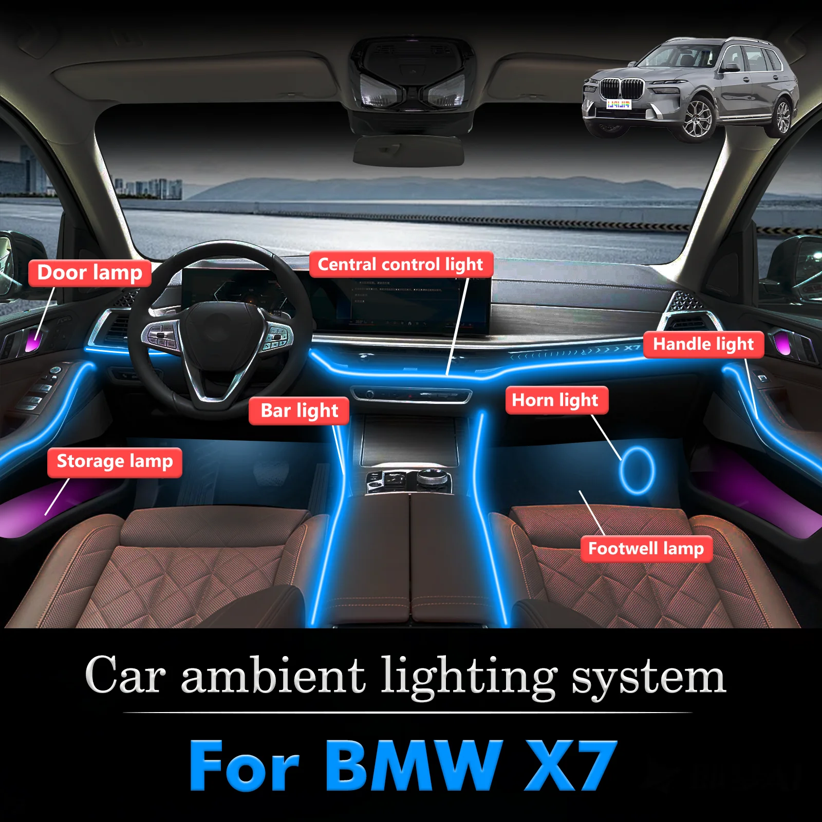 

For BMW X7 Car Interior Ambient Light RGB 64-Color LED Smart Remote Control Energy Saving Lamp Set