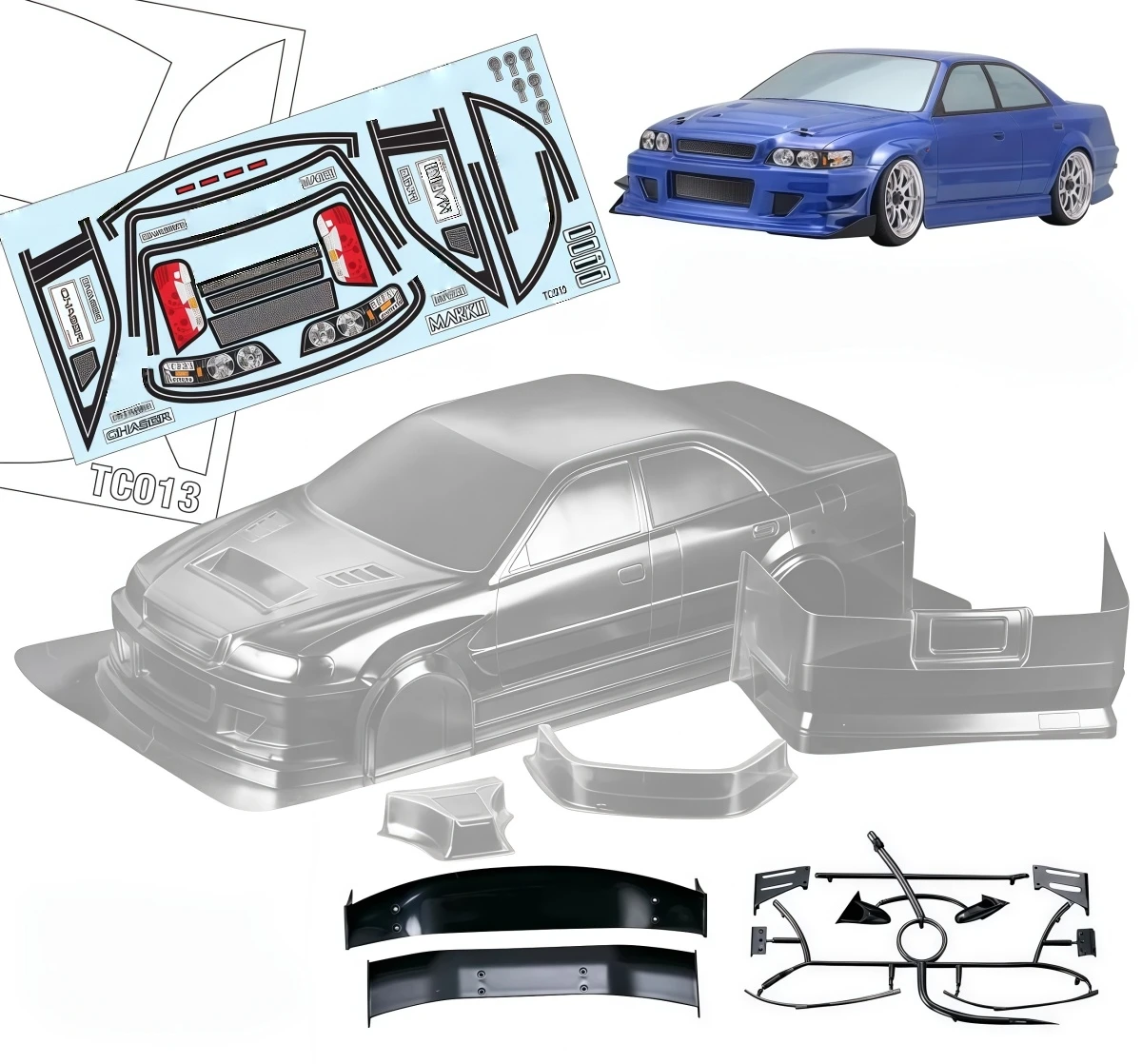 1/10 Mark II Chaser JZX100 Widebody Clear Drift Body Shell 195mm Width W/ Light Buckets +Rear Wing and Decal for RC Touring Car