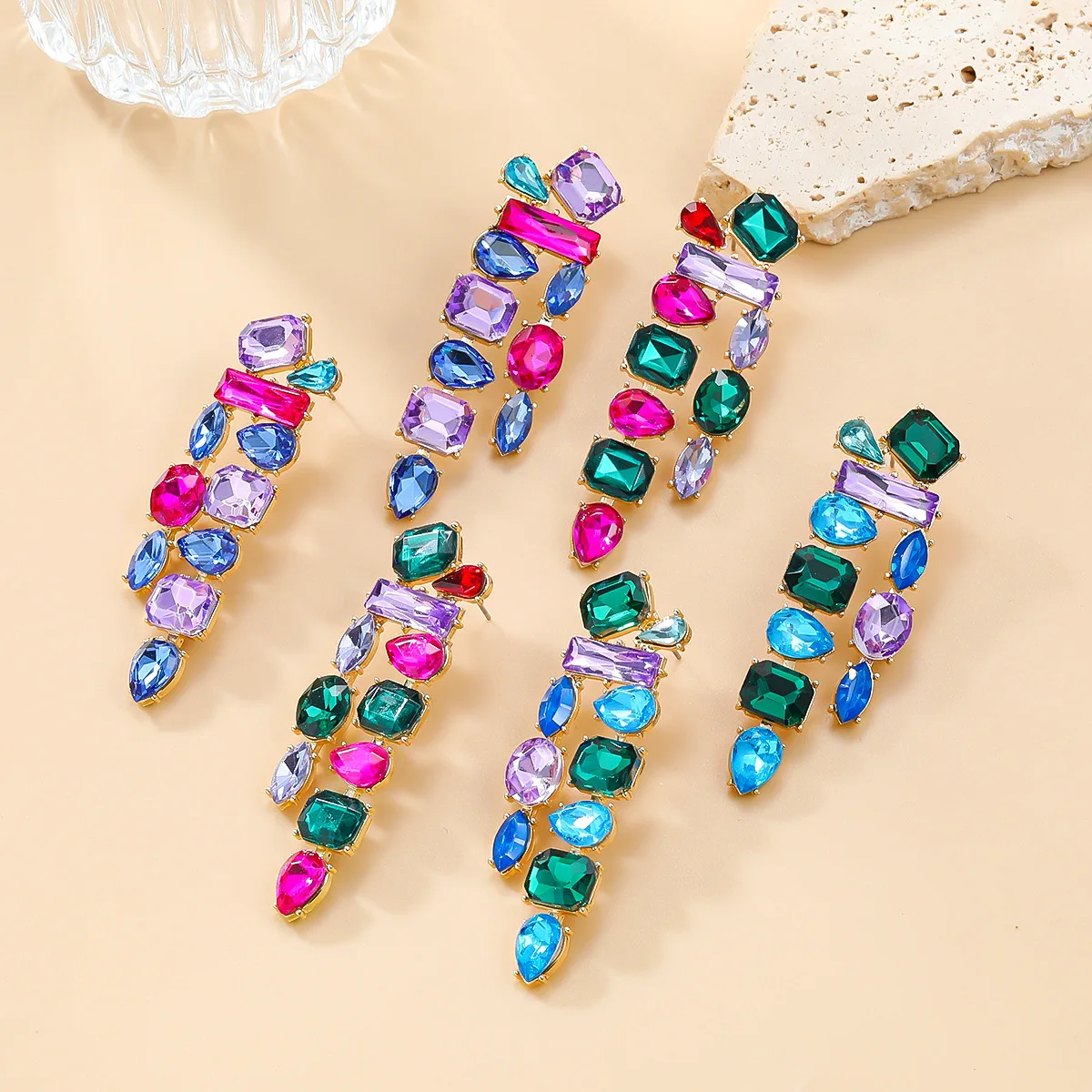 Gold Statement Mixed Colors Fuchsia Green Crystals Women Bridal Party Wedding Big Earring