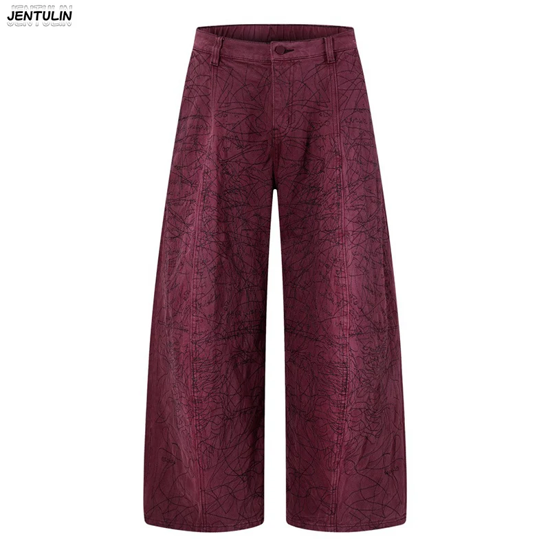 

Унисекс джинсы с широкими штанинами, с эффектом потертости, полностью вышитые линиями, в стиле High Street, с контрастной цветной вышивкой, свободного кроя, А-силуэт, рабочие брюки