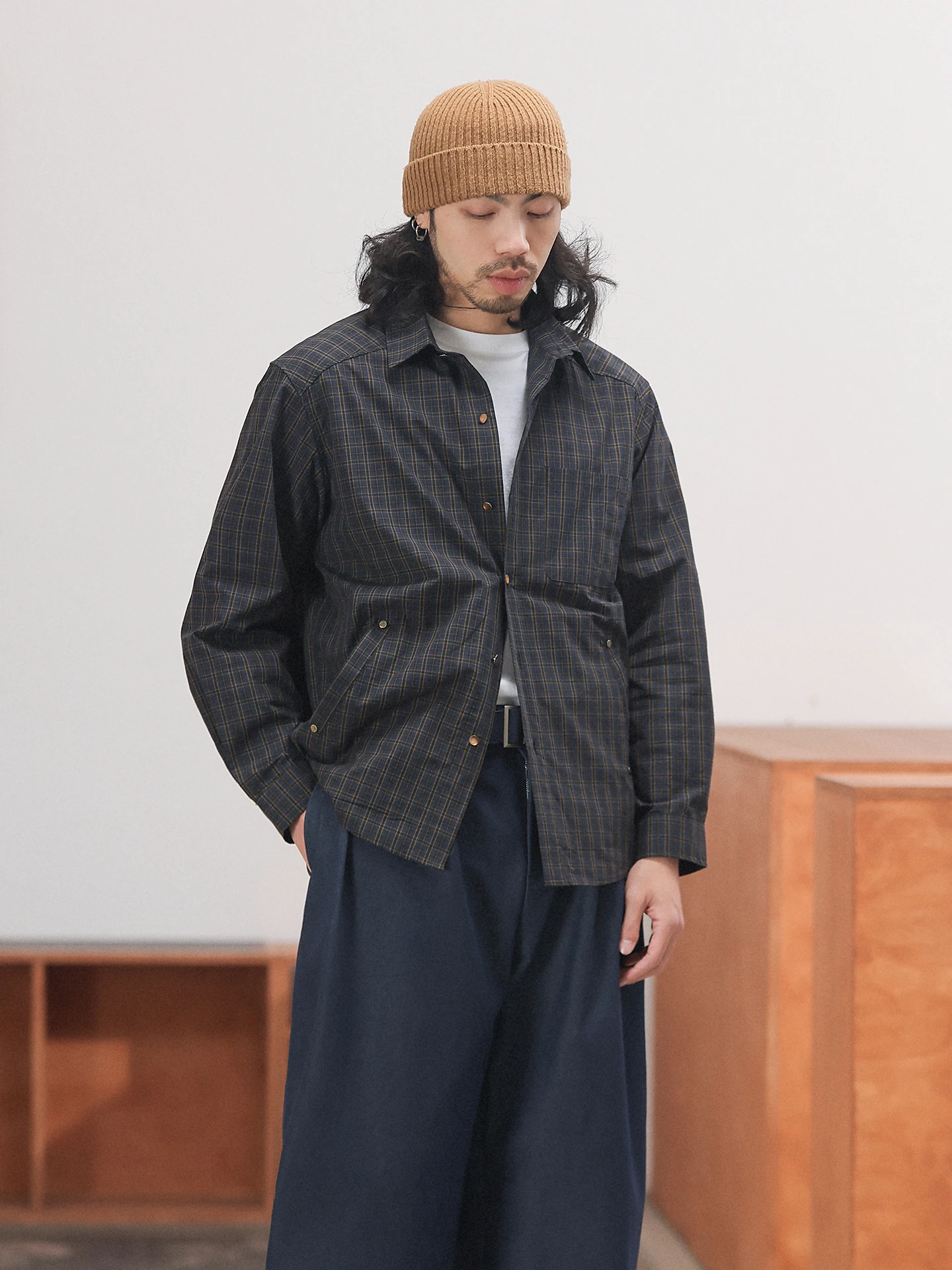 

NOEARS Japanese Sle y Loose Fit Long Sve irt Spring oulder Drop Open Cardigan Top Royal Blue Plaid Collar Stan...
