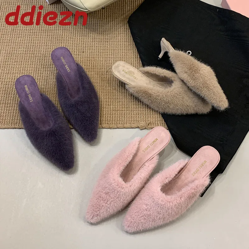 

Модная меховая обувь, женские туфли-лодочки на низком каблуке, туфли-лодочки, повседневная уличная женская обувь без шнуровки на тонком каблуке, женские шлепанцы, сандалии