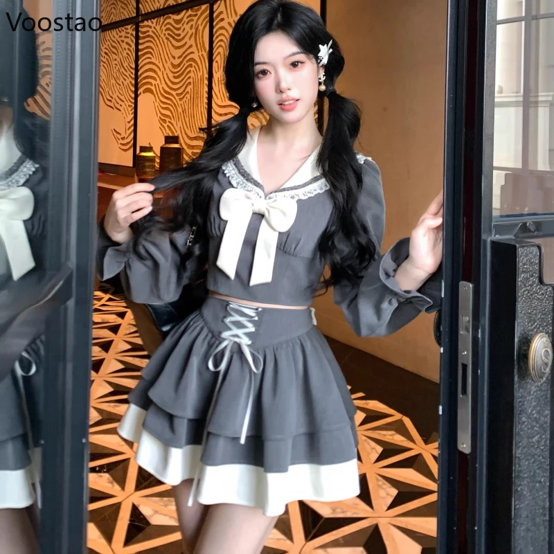 

Japanese Kawaii Lolita 2 Piece Skirt Sets Women Sweet Bow Sailor Collar Blouse Crop Tops Mini Skirts Suit Preppy Style Outfits