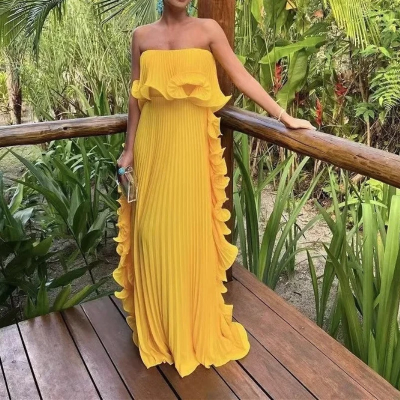

Strapless Dresses Solid Dress Sexy Party Dress Women Floor Length Spliced Vestidos Loose Folds Slight Strech Summer 2025