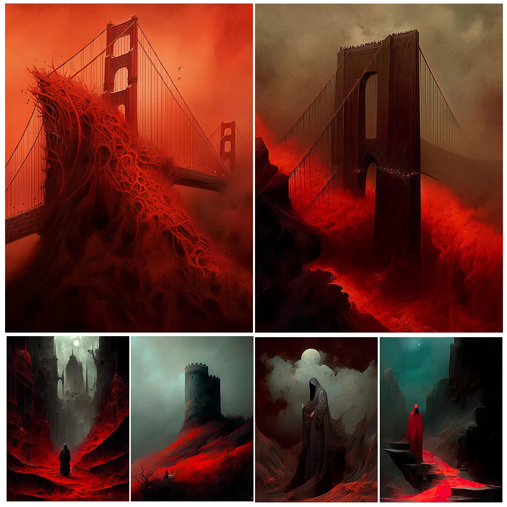 

The Bridge To Hell,Vintage Wall Art Canvas Painting, Dark Witchcraft Aesthetics,Gothic Art Poster And Print, Home Decor Unframed