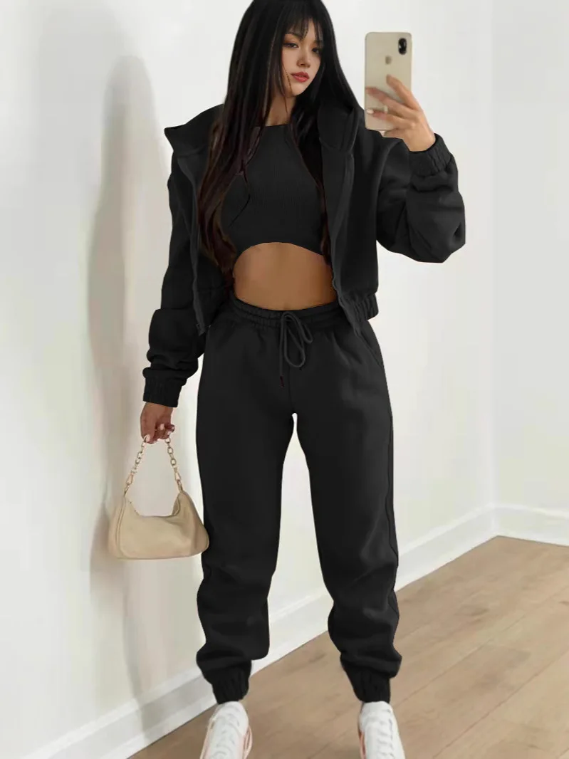 Ladies Tracksuit Zippered Hooded Jogger Tracksuit Thermal Lined Trousers Tracksuit Fashionable Athleisure Cozy Ensemble view 4