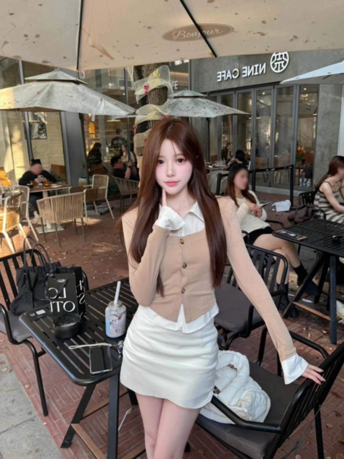 캐주얼 유행 여성의 봄 가을 한국 스타일 투피스 환상 컬러 블록 긴 소매 탑 엉덩이 커버 미니 드레스 세트