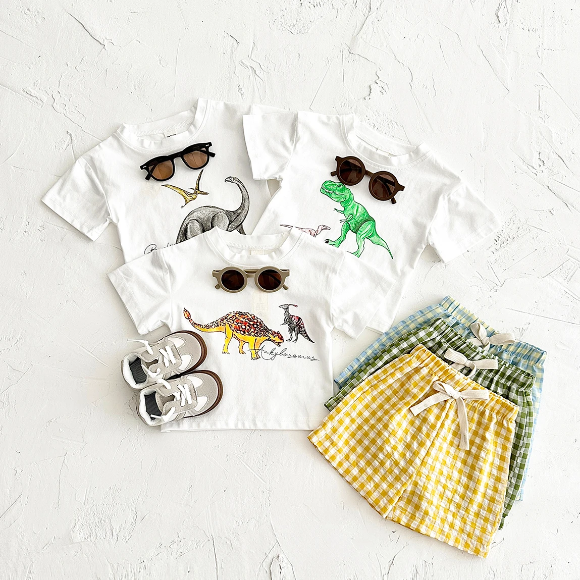 

2PCS Summer Children Newborn Boys Baby Clothing Cartoon Dinosaur Print Short Sleeved T-shirt+Checkered Shorts Girl infant Set