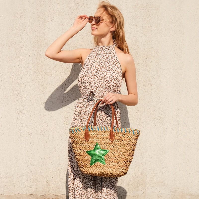 Casual Star Pattern Straw Basket Bag Casual Wicker Woven Women Handbags Rattan Summer Beach Hand Bags Big Bali Tote Purses 2022