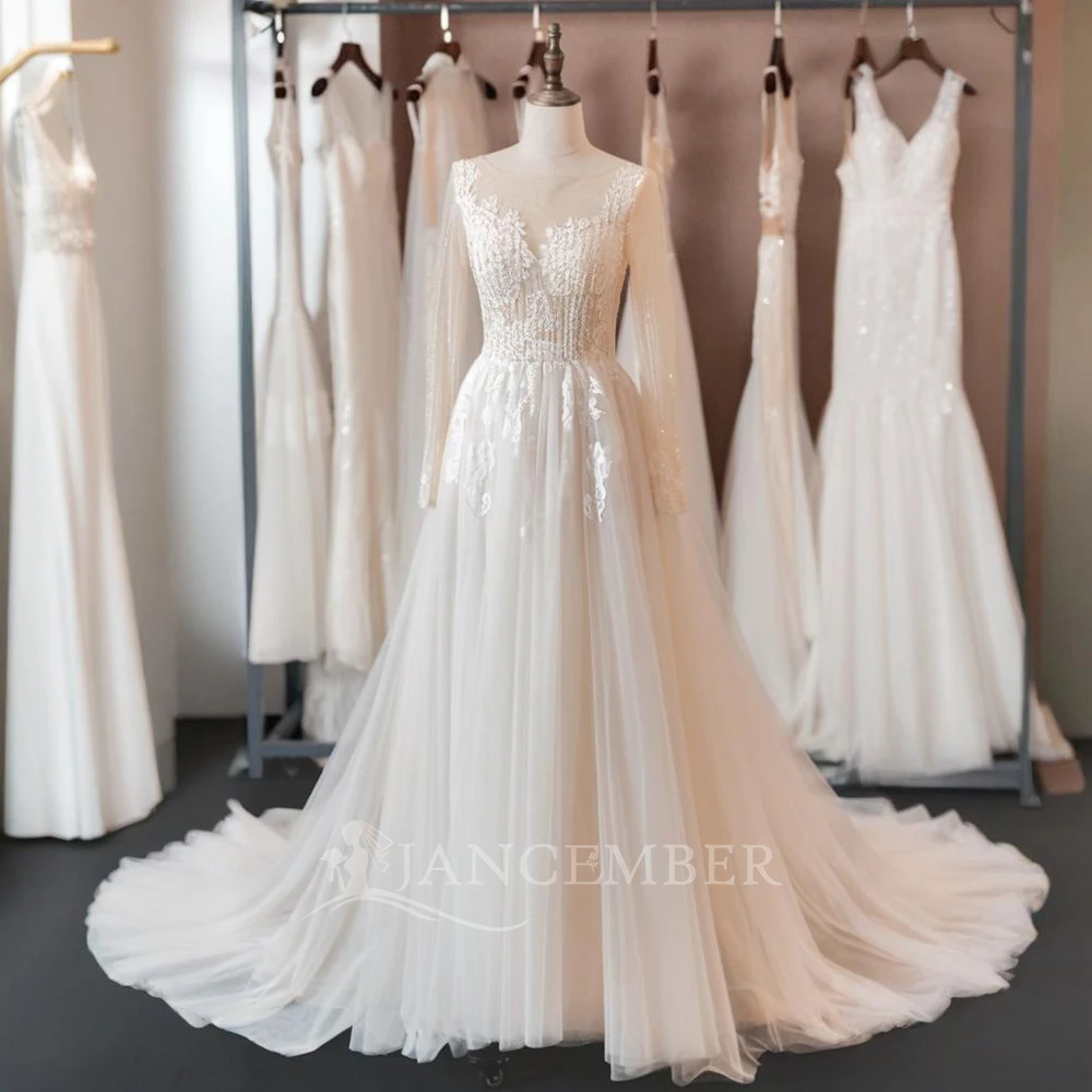 

Romantic O-Neck Wedding Dresses Lace Dress For Bride Elegant Floor-length Bridal Gown Full Sleeves vestido de novia LSSG003