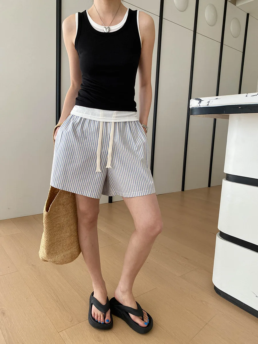 Sommerliches, lässiges, einfarbiges, kontrastfarbenes, zweiteiliges Tanktop mit Rundhalsausschnitt und schmaler Passform für Damen – Detail 26