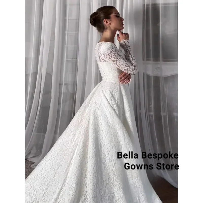 Gorące arabskie suknie ślubne dla kobiet, szyte na miarę, z długim rękawem, kwadratowym dekoltem, trenem kaplicznym, koronkowe suknie ślubne dla muzułmanek, suknia ślubna.