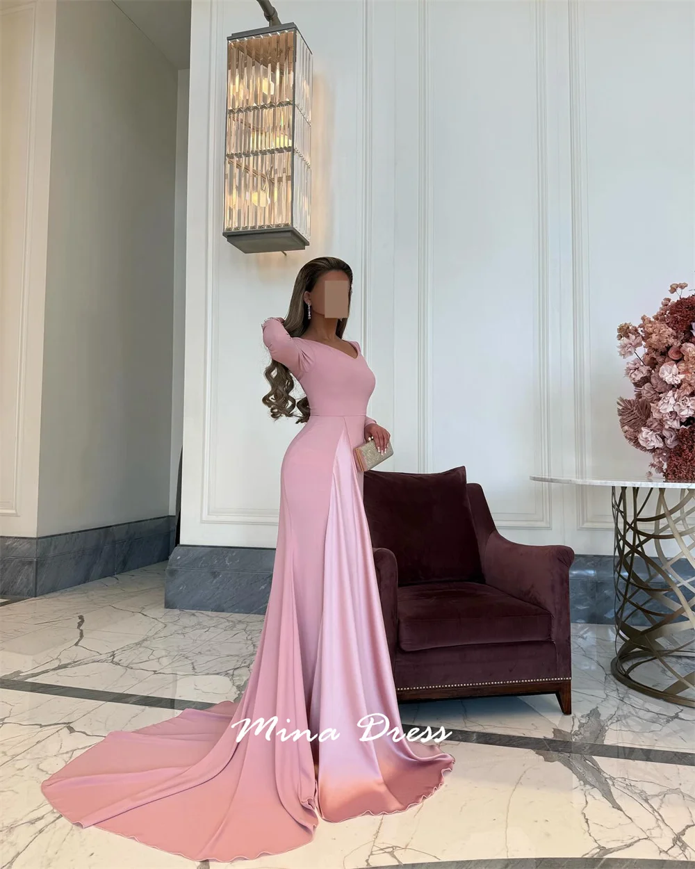 Mina Aangepaste Arabische lange mouwen elegante feestjurken Vrouw V-hals staartjurken voor speciale gelegenheden Avondjurk Prom