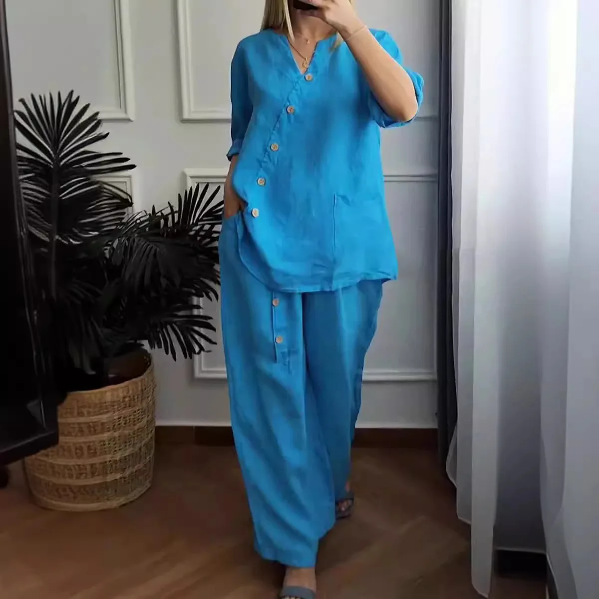 Autumn Winter Casual Cotton Linen Suit Fashion Button Shirt And Wide Leg Pant Sets Casual Loose Solid Pocket Pant Two Piece Sets