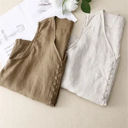 2023 New Big Size Women Cotton and Linen Vest Fashion Lady Solid Vests Slim Female Sleeveless Coat Jackets Short Paragraph 2206