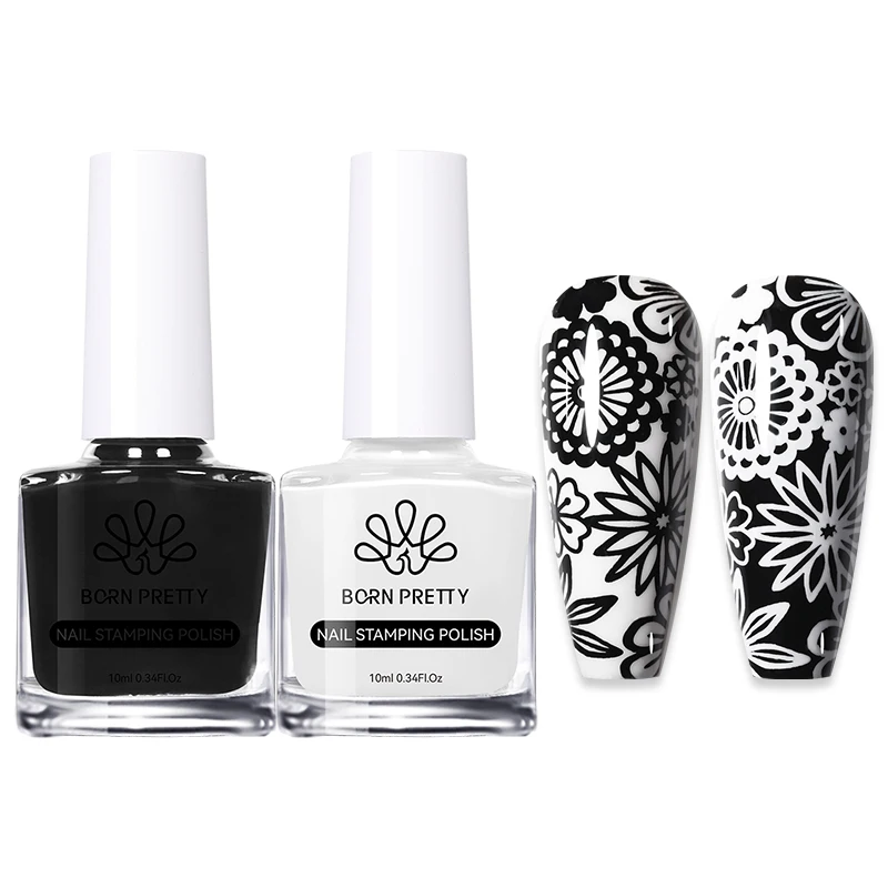 BORN PRETTY 2 Teile/satz 10ML Schwarz Weiß Nagel Stempeln Polnisch Lack Gold Silber für Nail art Platten Stempel Öl stanzen Serie