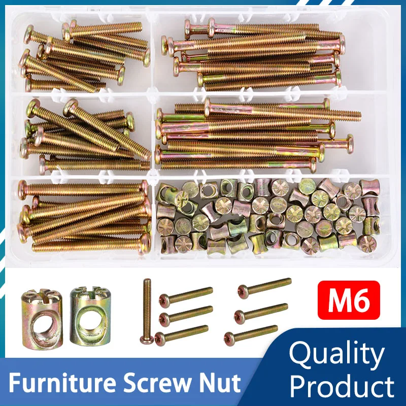 Hexagon Hex Furniture Screw Nut Set Zine M6 Threaded Bolts Phillips Nuts Wood Bed Chair Desk Table Crib Screws Assortment Kit