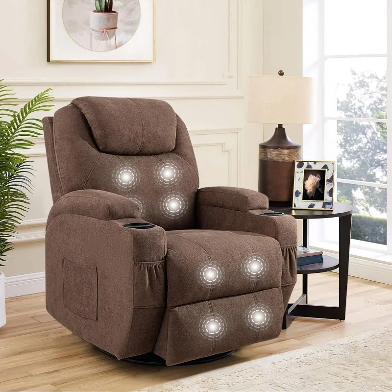 Massage Swivel Ergonomic Lounge Chair Classic Single Sofa,2 Cup Holders Side Pockets Living Room Chair Home Theater Seat (Brown)