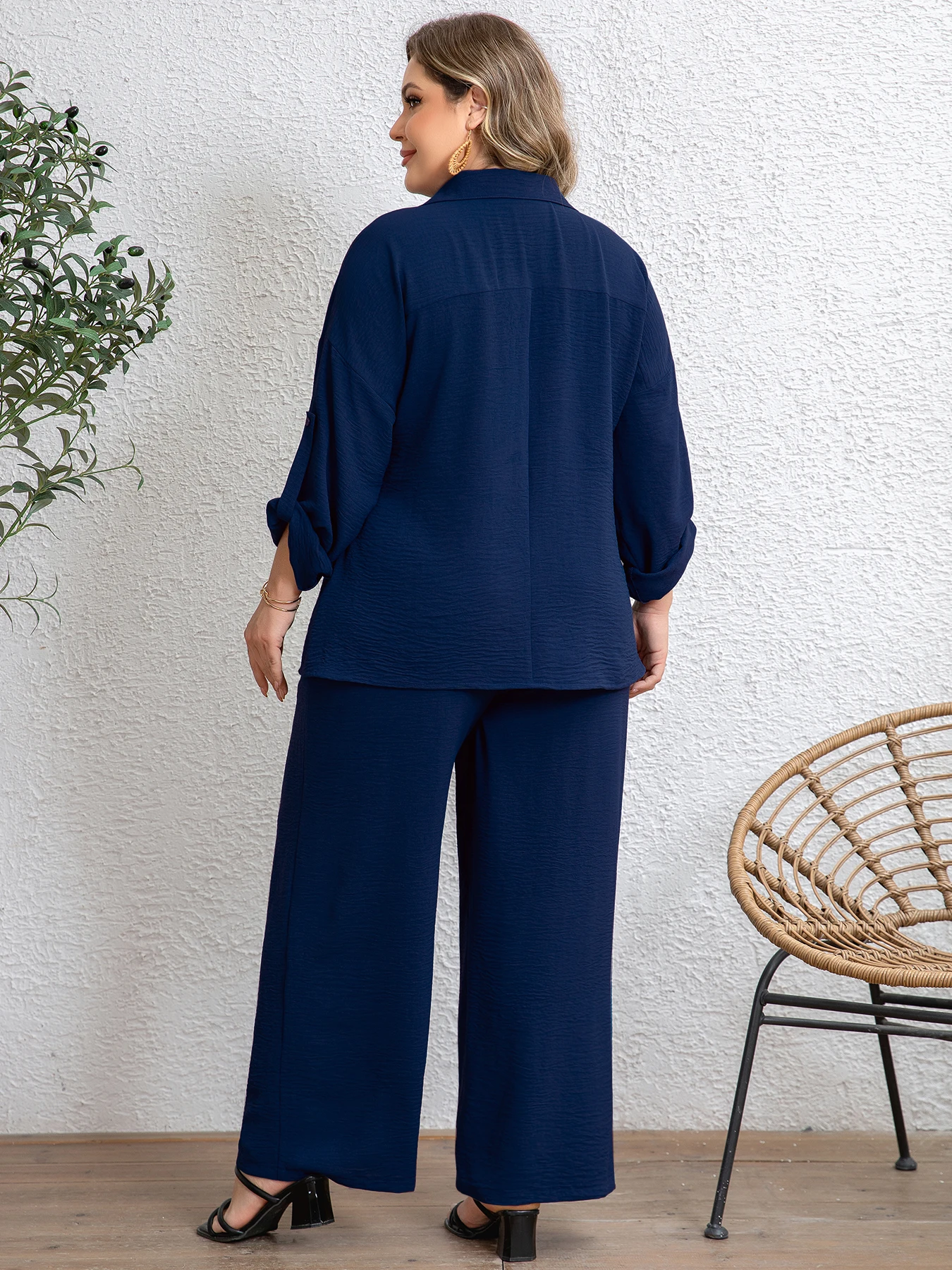 Plus Size Women's Navy 2-Piece Set Collared 3/4 Sleeve Shirt+Wide-Leg Pants Loose Office