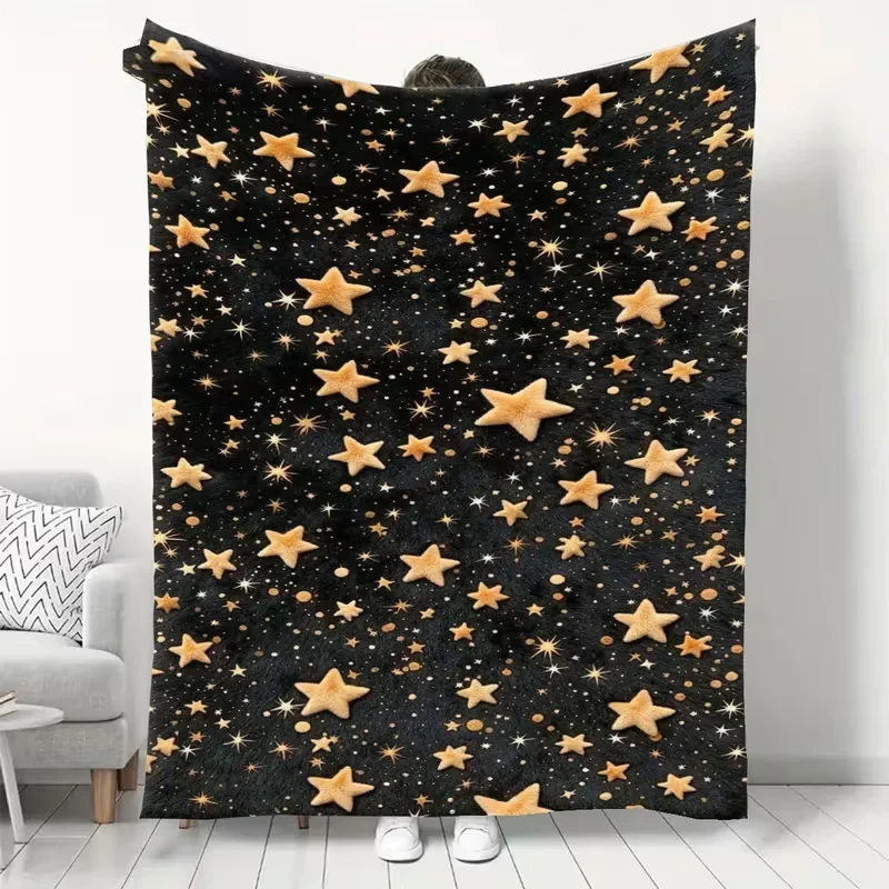 Gold Star Flannel Throw Blanket Black Night Sky Cosmic Starry Print Soft Warm Blanket Dreamy Aesthetic Sofa Bed Decor All Season