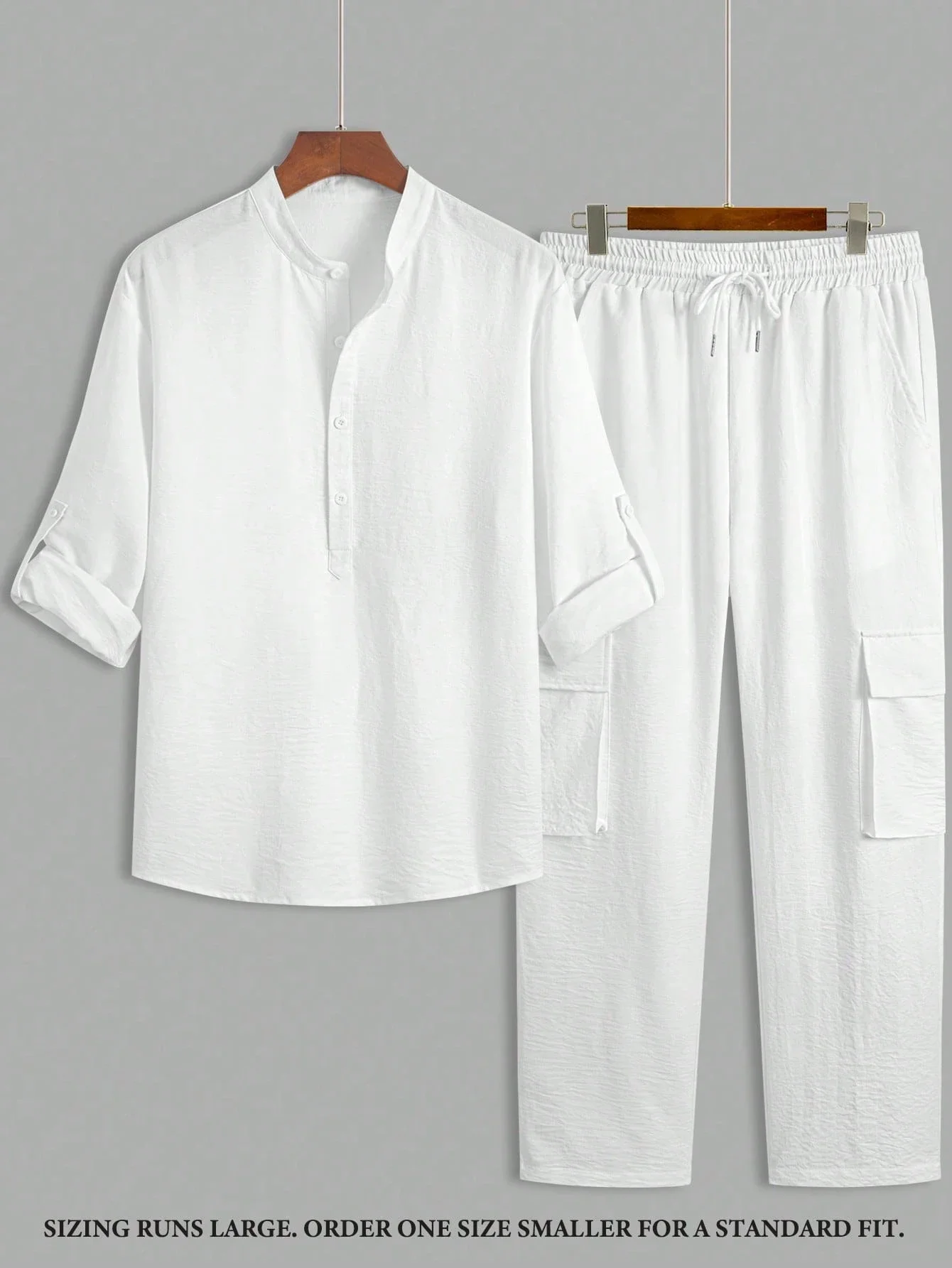 

2PC Mens Stand Collar Button Front Loose Linen Shirt And Pants Set