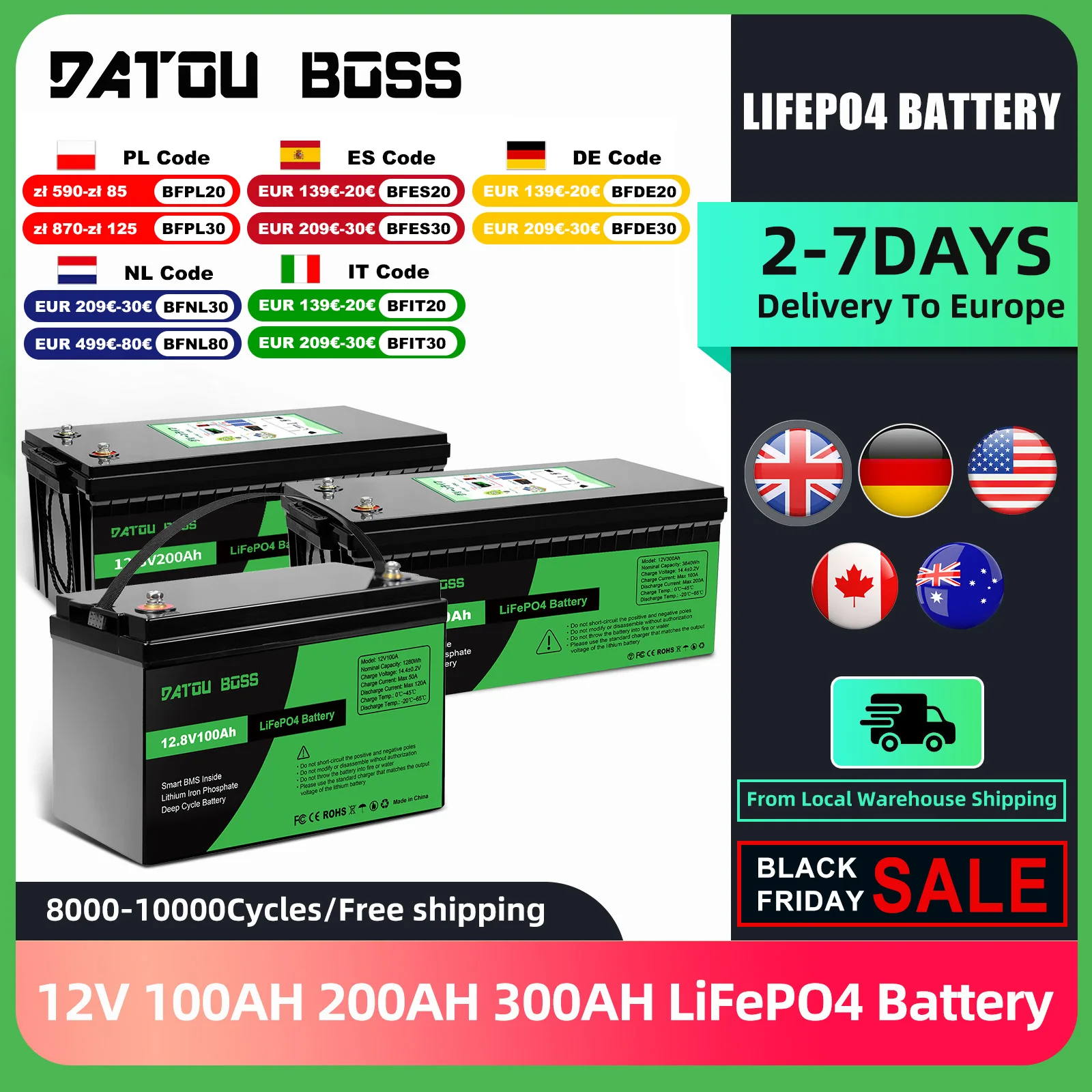 DATOUBOSS Rechargeable Batteries BMS Lifepo4 Battery 12V 100AH 200AH 300AH Charger For Home Solar TO EU Tax Free Fast Shipping