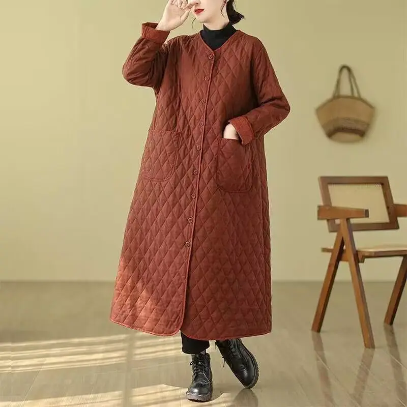 Retro Pure Color Diamond Pattern Cotton Jacket Women's Winter New Loose V-neck Slimming Long Coat Cotton Polyester Fiber