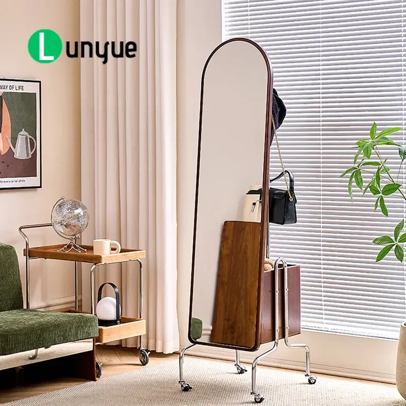 Solid Wood Coat Rack with Full Body Mirror Movable Rotating Floor Standing Hanger Household Storage Integrated Clothes