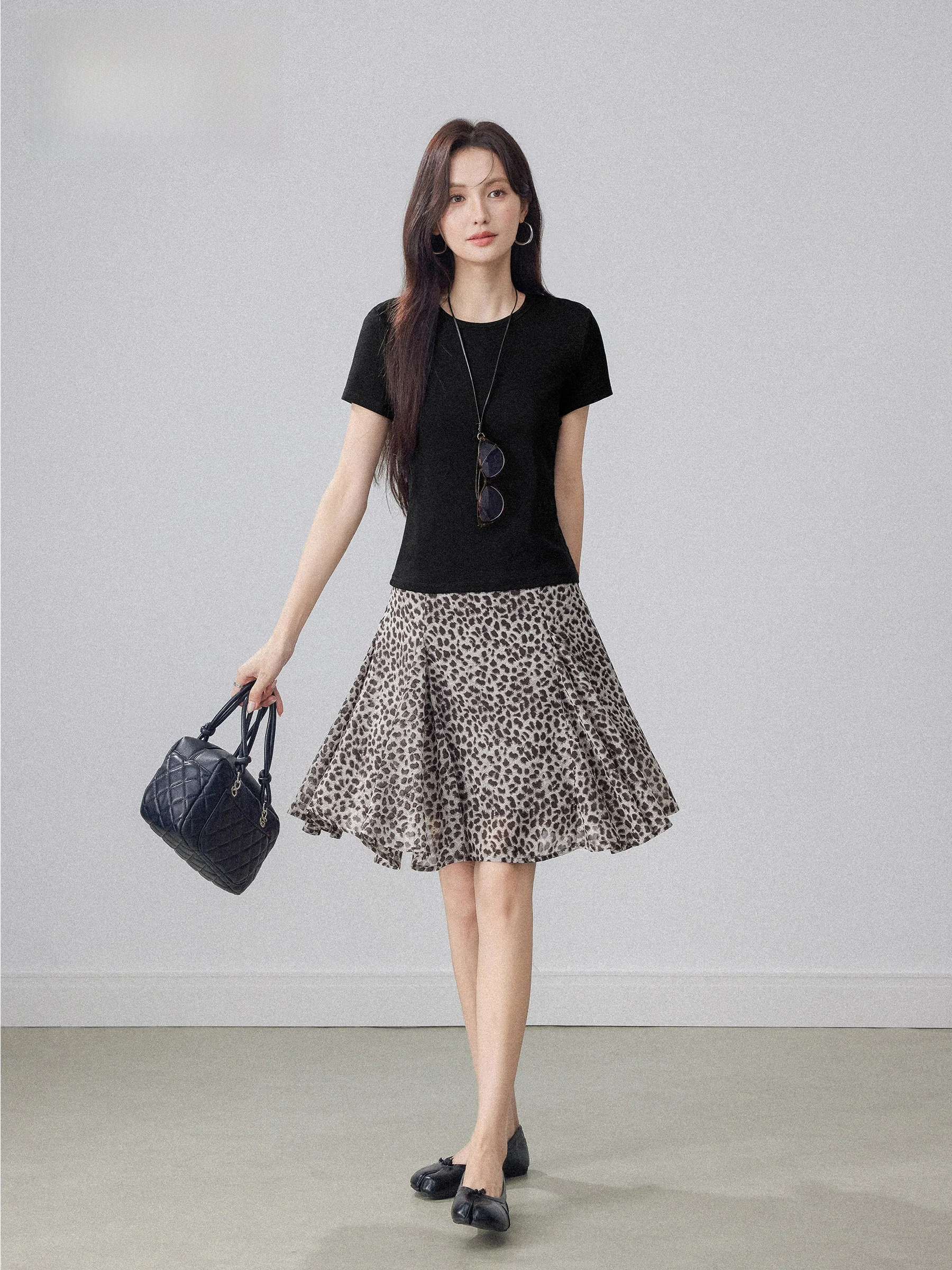 Zhang Dou Dou Leopard Print Half Skirt Women's Summer New High Waist Loose Draping A-Line Midi Skirt Floral Lace Hemline