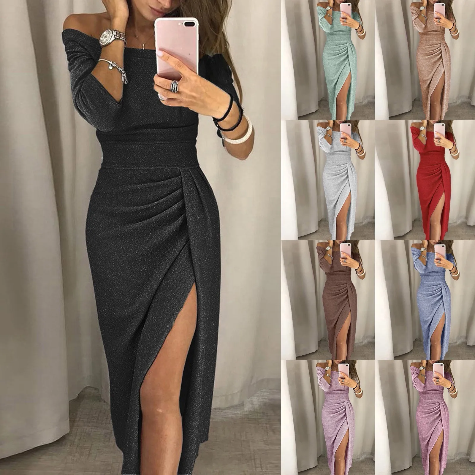 Women'S Hip Hugging Side Slit Dresses Shiny Bling Sequined Evening Dresses Dinner Bag Elastic Waist Bandage One-Neck Hip Dress