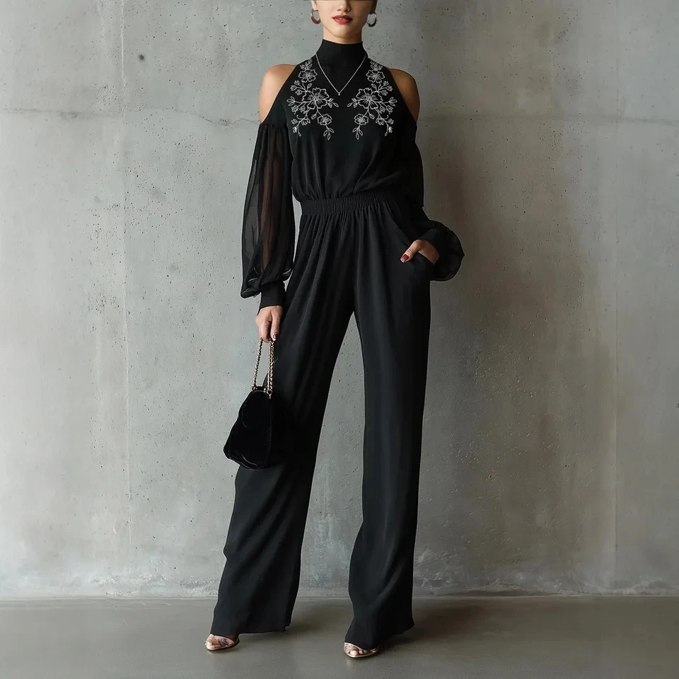 

2026 New Black Embroidery Cold Shoulder Long Sleeve Wide Leg Jumpsuit Women Elegant Temperament Jumpsuit