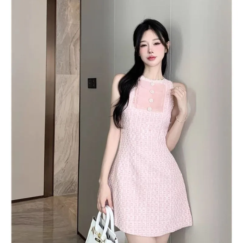 Sweet French Tweed Dress Women Korean Round Neck Beaded Spliced Bow Fragrance Sleeveless Fashion Slim Summer Temperament Skirts