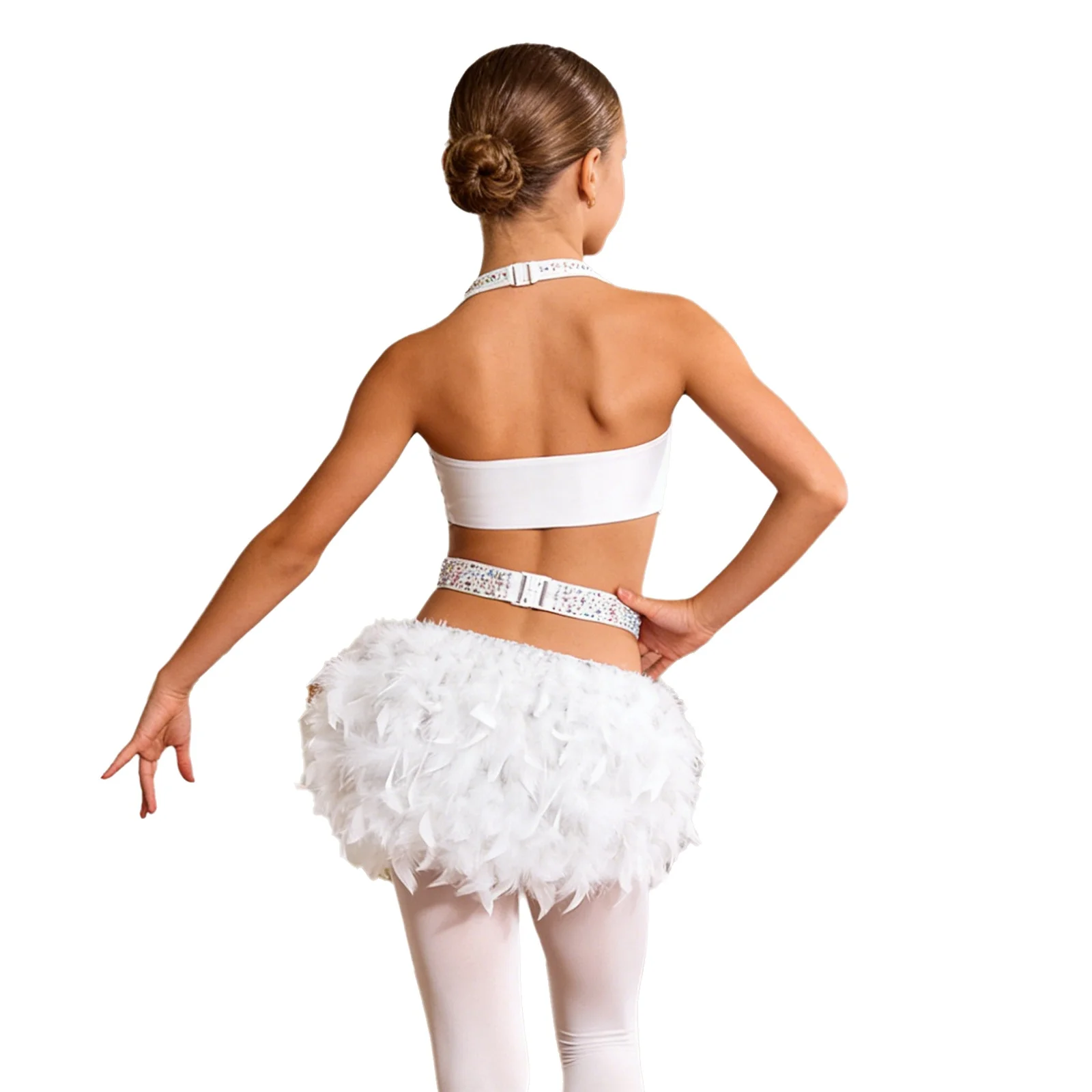 Kids Girls Latin Jazz Dance Tango Salsa Skating Gymnastics Costume Halter Sleeveless Cutout Rhinestones Feather Skirted Leotard