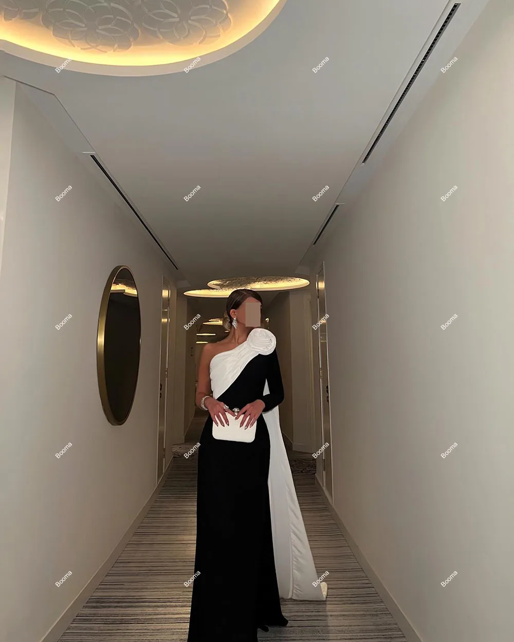 Booma Black and White Mermaid Evening Dresses One Shoulder 3D Flowers Cape Formal Occasion Gowns for Women Arabic Prom Dress