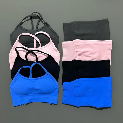Imagen 2 del producto HISTELLO-Conjunto de Yoga sin costuras para mujer, Sujetador deportivo con espalda descubierta, pantalones cortos de gimnasio para levantamiento de glúteos, ropa deportiva de verano, conjuntos de ropa de entrenamiento