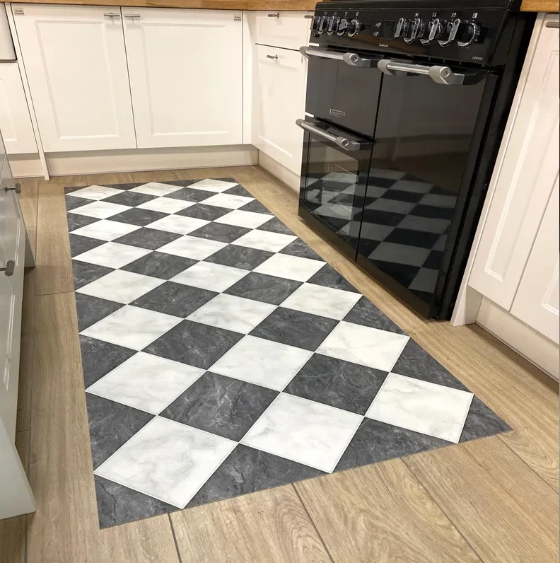 Checkerboard Vinyl Runner Rug in Black and White Marble Tile Design for Kitchen Hallway and Dining Room Floors Home Decoration