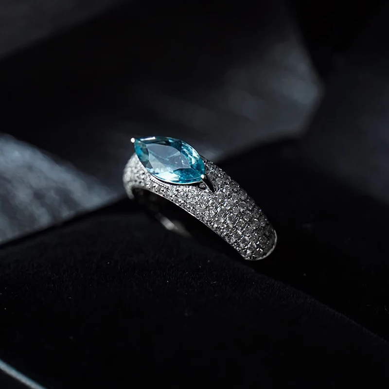Aazuo Luxury Design 18K White Gold  Natrual Aquamarine Real Diamonds Devil's Eye Rings For Girls & Women Senior Banquet Party view 5