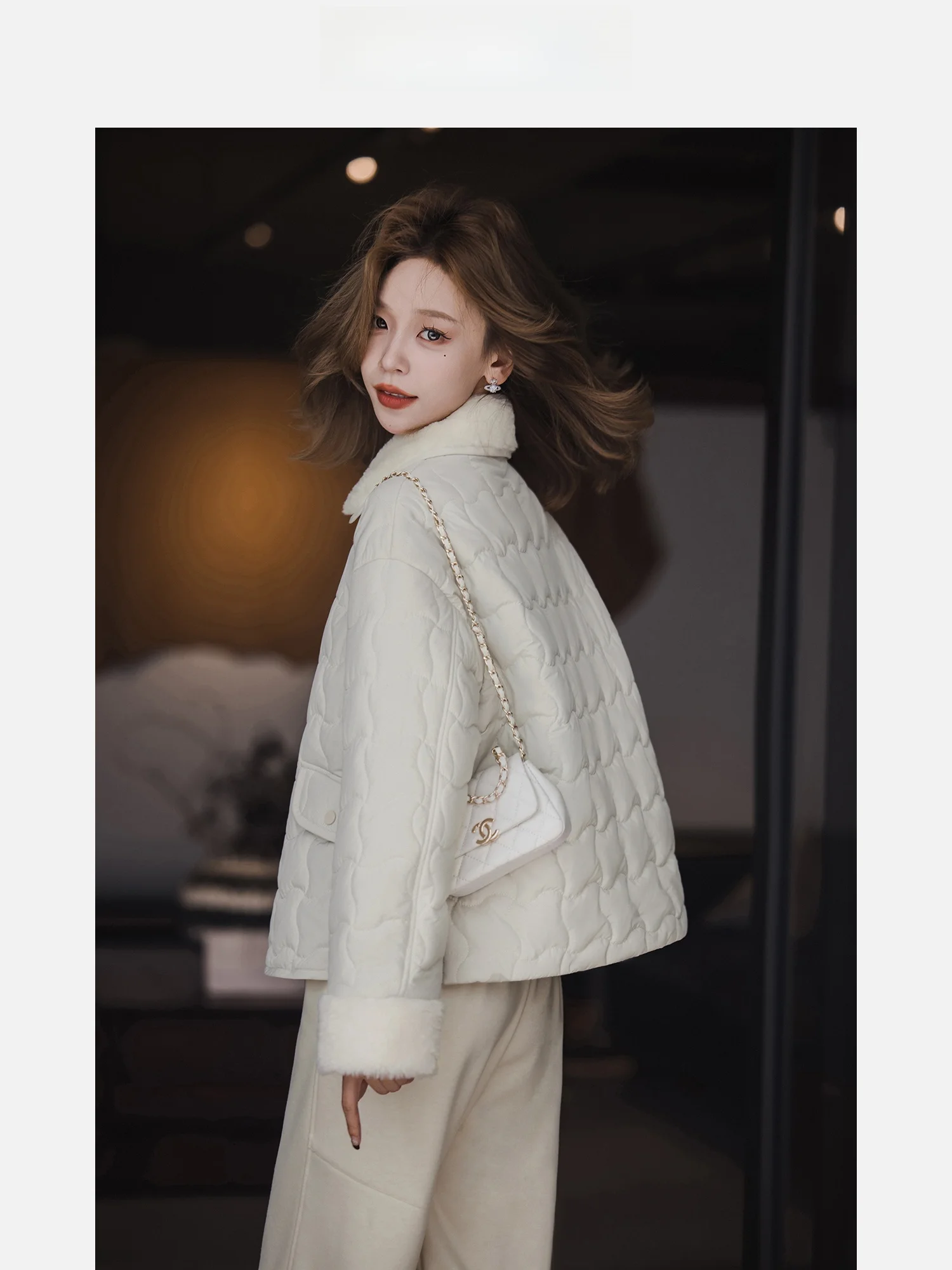 

Salted Cotton Jaet with Lamb Fur Collar Loose Fit Winter Women's Outerwear Versatile ort Sve Long Sve Thiened Coat