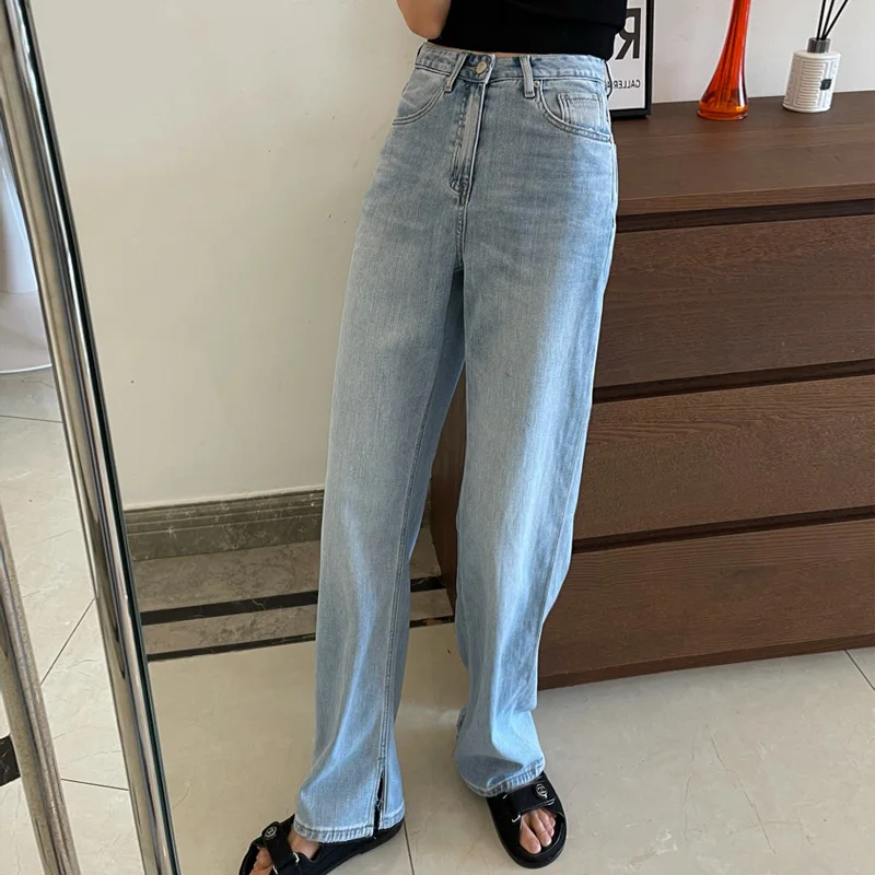 

High Waist Wide Leg Jeans Women's Summer New Style Washed Light Color Straight Cut Loose Fit Cotton Stretch Denim Pants