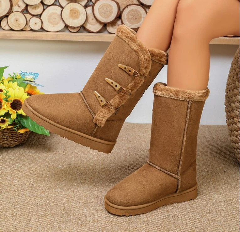 Trendige, warme Damen-Winterstiefel, wasserdicht, rutschfest, mit Stiefelriemen in Bullhorn-Optik, Damen-Knöchelstiefel, Baumwollschuhe. – Detail 3