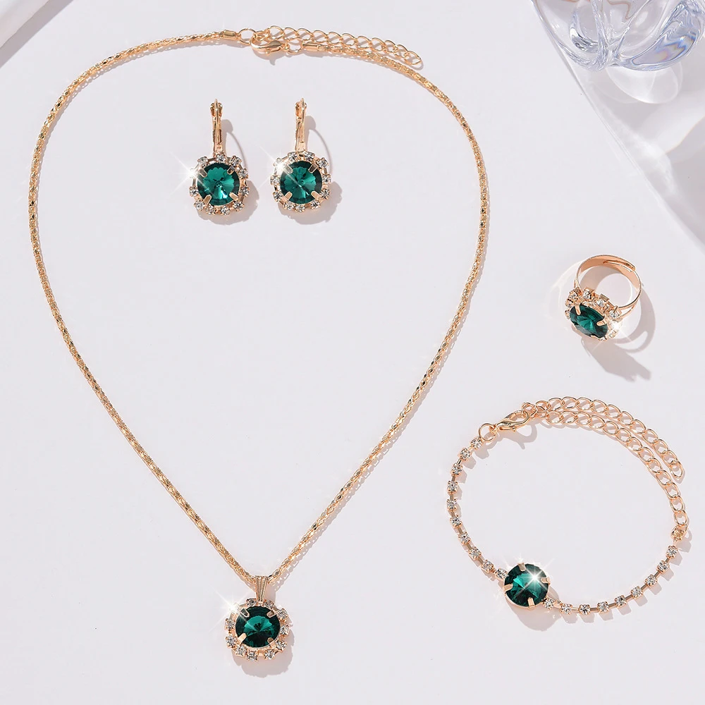 5 Piece Set Women Fashionable Temperament Circular Green Crystal Necklace Bracelet Earring Ring Combination Versatile Exquisite