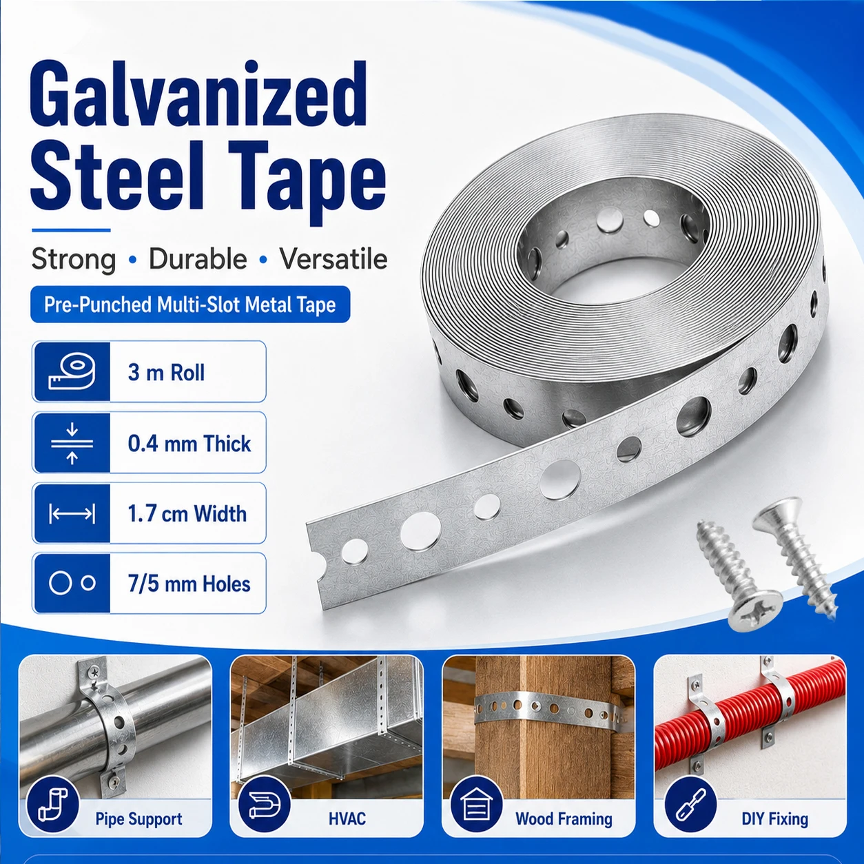 1-2Roll 3meter Pre-Punched Galvanized Steel Tape,Perforated Metal Hanger Strap Multi-Slot Fixing Band for Pipe Support Duct Work