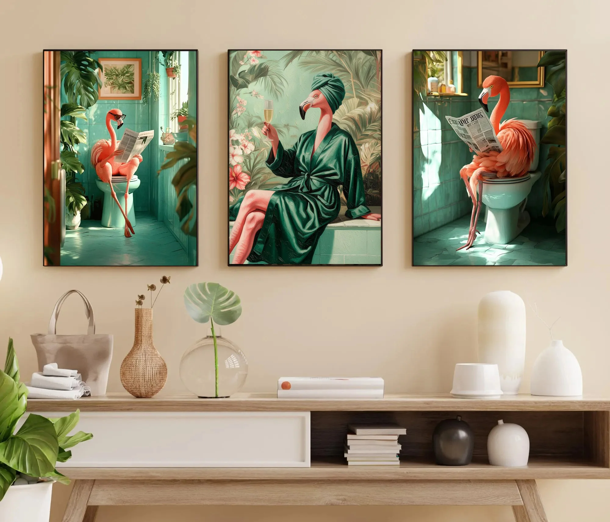 Whimsical Flamingo Reading Newspaper Poster Prints Bathroom Vintage Green Maximalist Decor Funny Toilet Canvas Painting Wall Art