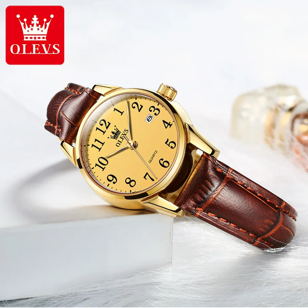 

OLEVS 5566 Classic Big Number Quartz Watch for Women Luxury Brand Waterproof Leather Strap Ladies Wristwatch Automatic Date