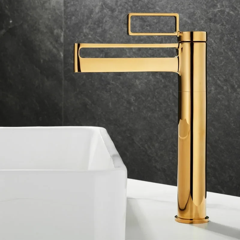 Solid Brass Countertop Basin Mixer Hot and Cold Water Tap Bathroom Washbasin Minimalist Gold Basin Tap Splash Guard