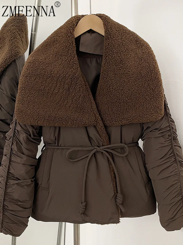 

ZMEENNA женский короткий пуховик с плюшевым воротником, теплое зимнее пальто, верхняя одежда с рюшами и рукавами и завязками на талии, коричневый ZM4315