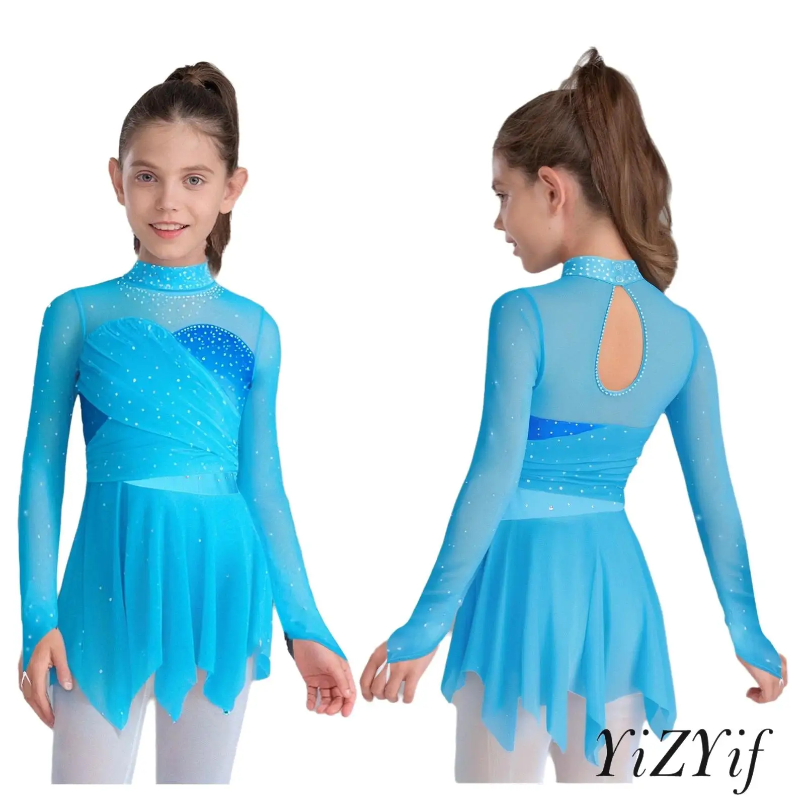 

Kids Girls Figure Skating Ballerina Dress Mock Neck Long Sleeves Shiny Rhinestone Irregular Hem Dress Ballet Lyrical Dancewear