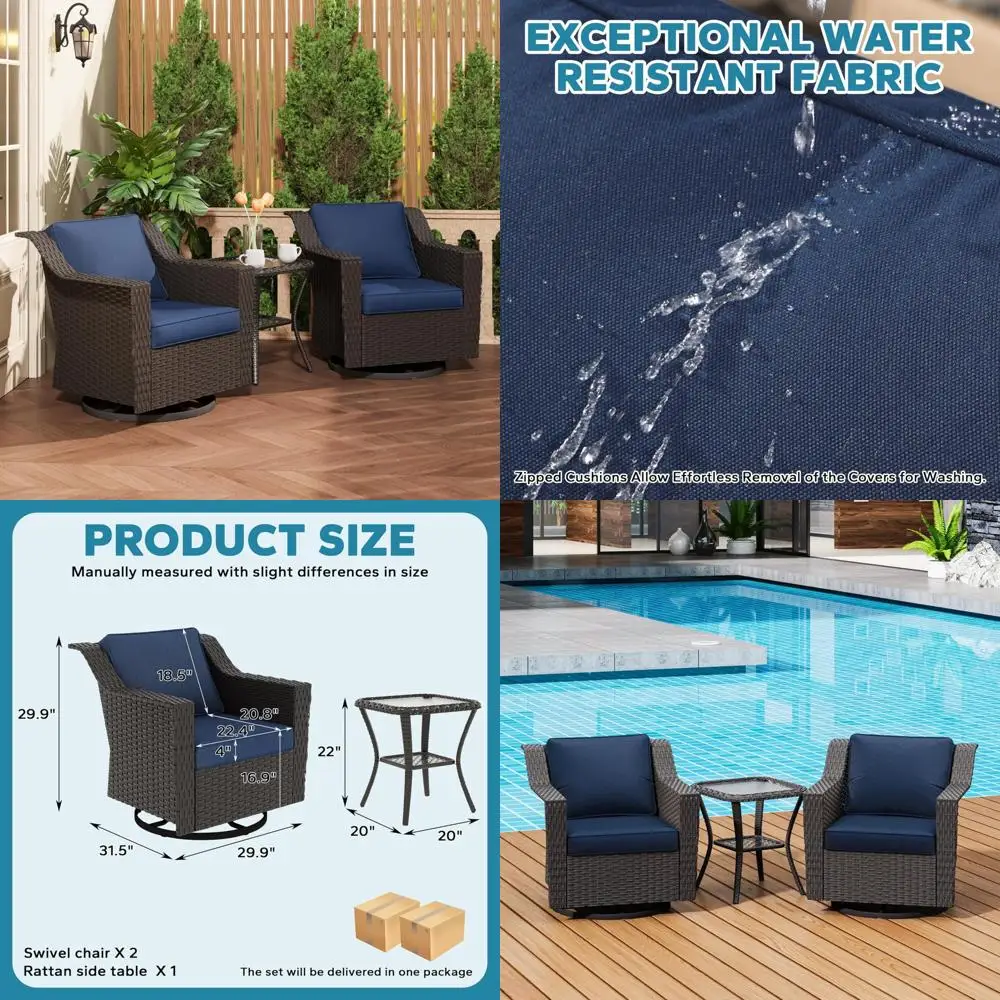 

Outdoor Wicker Rocking Patio Furniture Set with 2 Swivel Chairs and 1 Side Table, Washable Cushions